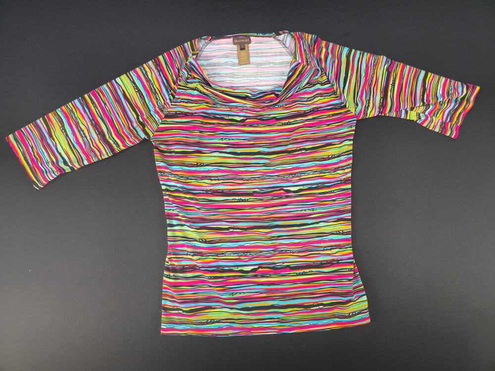 Multiples Womens Medium Multicolor Stripe Cowl Neck 3/4 Sleeve Stretch Top